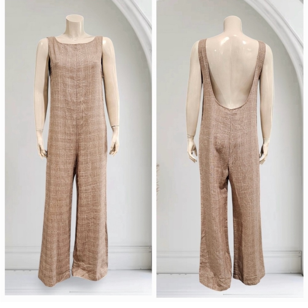 REFORMATION Women Brown Plaid Wide Leg Low Back Sleeveless Jumpsuit S